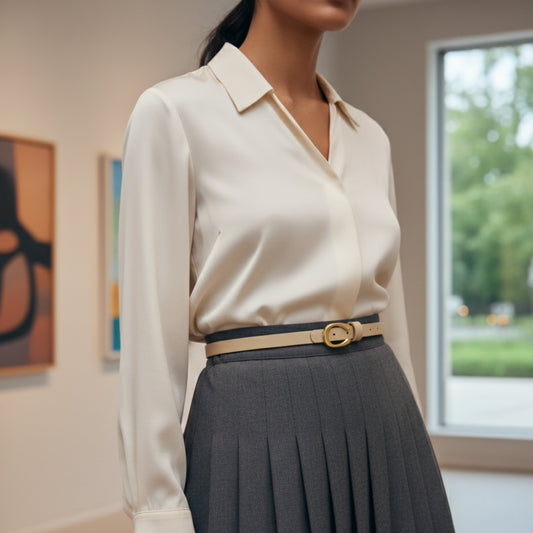 Ceinture Fine Tendance Beige Détail Doré