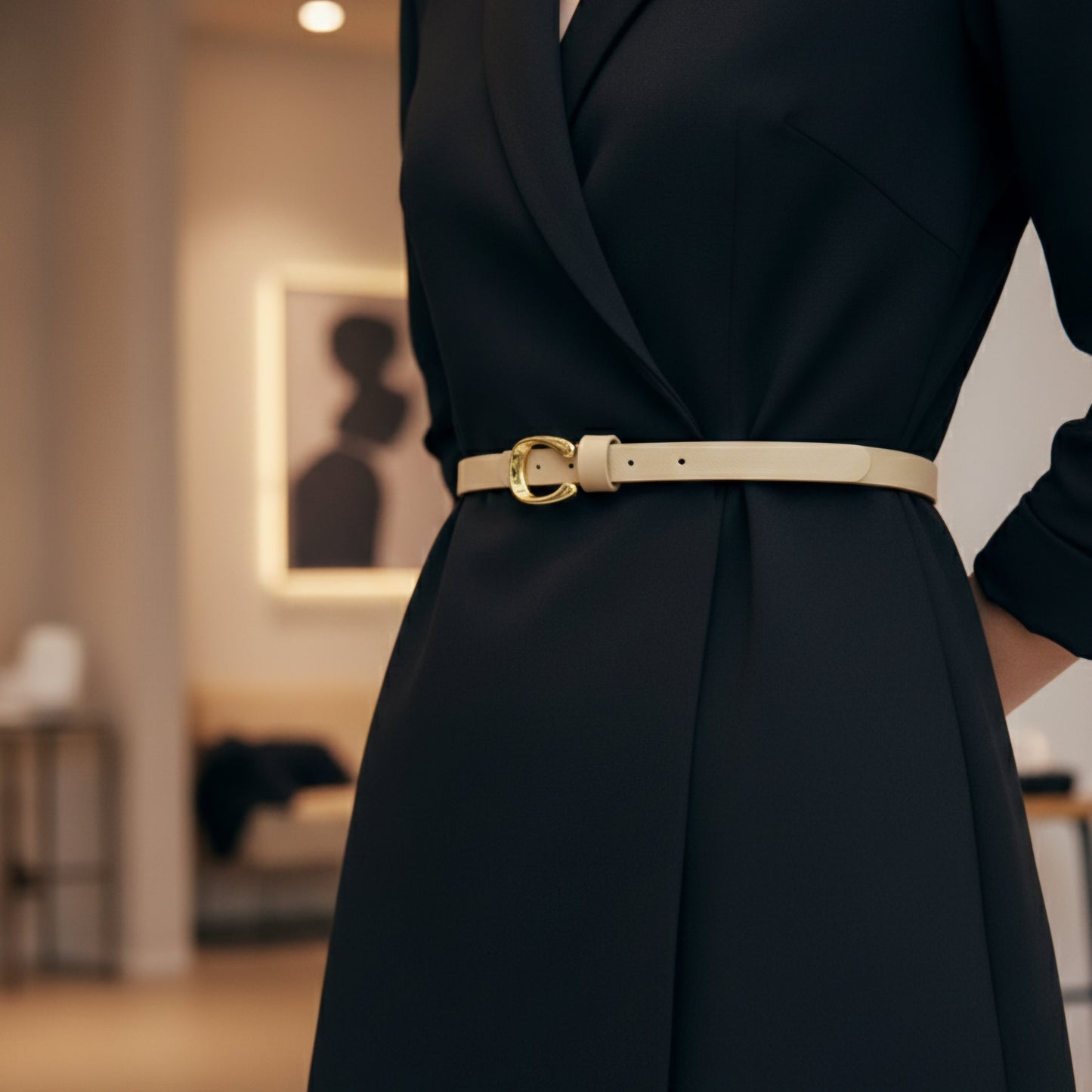 Ceinture Fine Tendance Beige Détail Doré