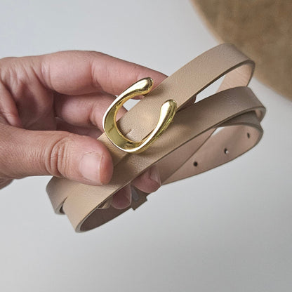 Ceinture Fine Tendance Beige Détail Doré