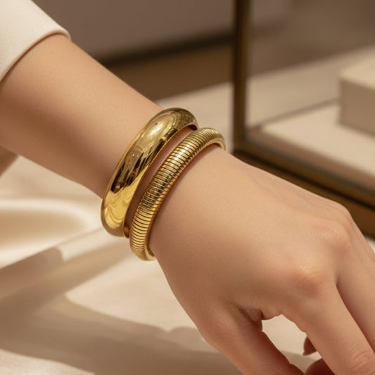 Lot de 2 Bracelets Acier Inoxydable Tendance Joncs Dorés