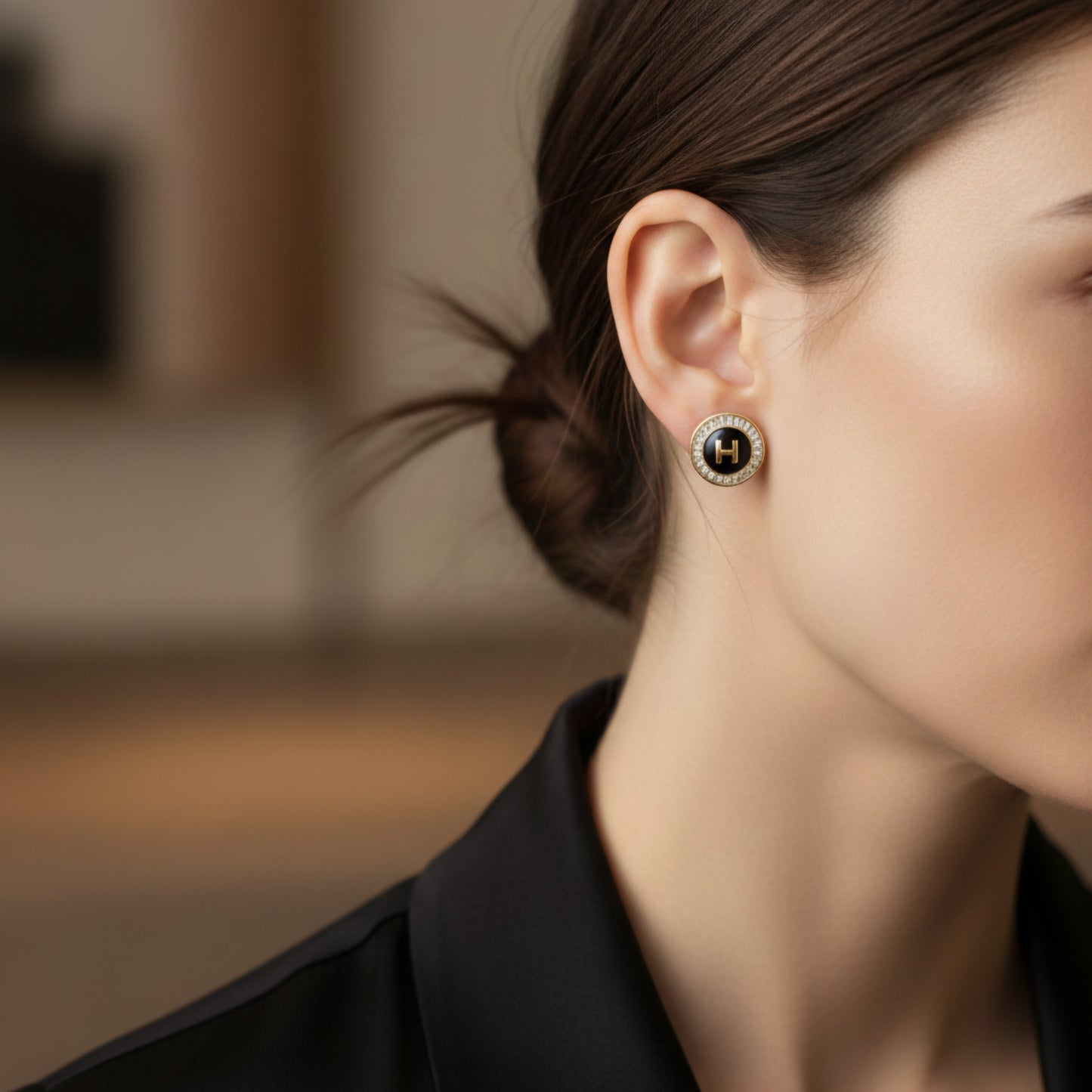Ébénia — Boucles d'Oreilles Strass Noir Doré